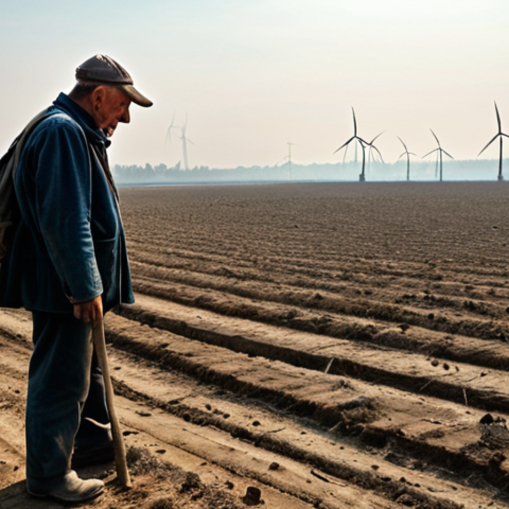 **

A Polish farmer stands in a drought-stricken field, cracked earth visible, looking towards a wind turbine in the distance. The sky is hazy with smog, depicting air pollution. In the background, deforested area encroaches on the farmland, a stark depiction of deforestation, conveying a sense of struggle and the effects of climate change.

**