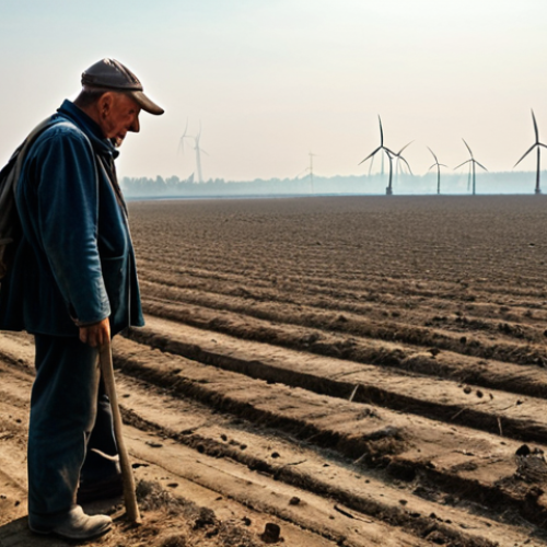 Home 15 **
A Polish farmer stands in a drought-stricken field, cracked earth visible, looking towards a wind turbine in the distance. The sky is hazy with smog, depicting air pollution. In the background, deforested area encroaches on the farmland, a stark depiction of deforestation, conveying a sense of struggle and the effects of climate change.
**