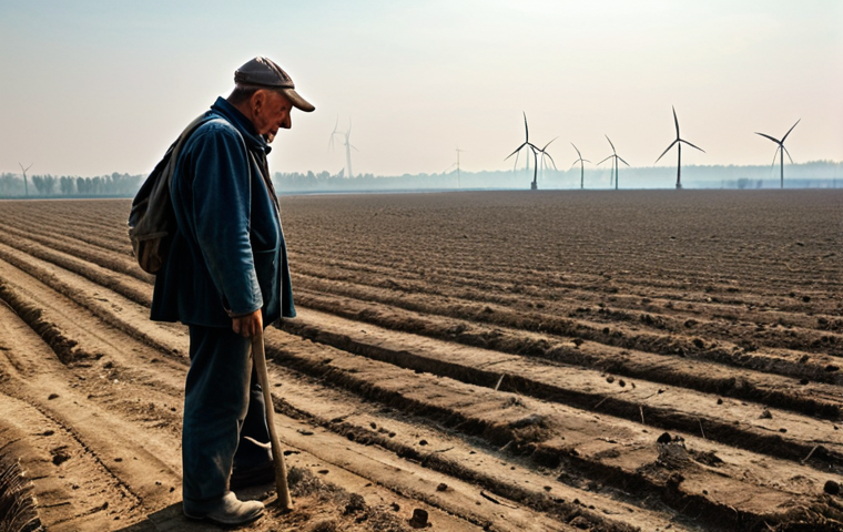 **
A Polish farmer stands in a drought-stricken field, cracked earth visible, looking towards a wind turbine in the distance. The sky is hazy with smog, depicting air pollution. In the background, deforested area encroaches on the farmland, a stark depiction of deforestation, conveying a sense of struggle and the effects of climate change.
**