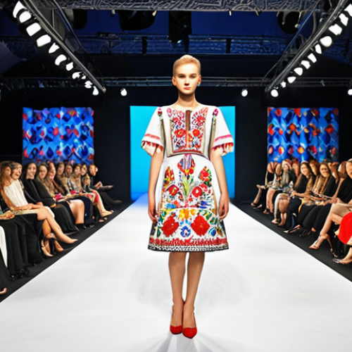 Home 14 **
* **Prompt:** A Warsaw fashion show scene. Focus on a modern dress that incorporates traditional Polish embroidery patterns. High fashion, vibrant colors, diverse models. Showcases the blend of tradition and modern design.
**