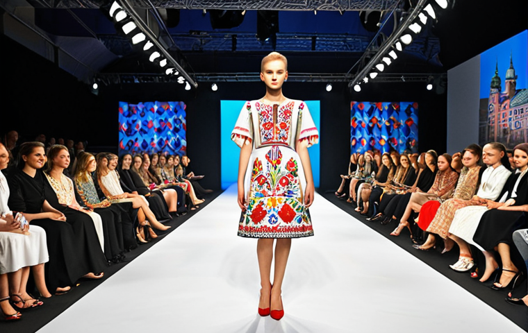 **
* **Prompt:** A Warsaw fashion show scene. Focus on a modern dress that incorporates traditional Polish embroidery patterns. High fashion, vibrant colors, diverse models. Showcases the blend of tradition and modern design.
**