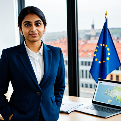 Home 7 A confident professional individual of South Asian descent, dressed in a modest business suit, standing in a bright, modern office. Through the large window, a blurred European cityscape is visible. On a sleek desk beside them, a subtly glowing laptop displays a map of Europe with the EU flag prominently, and a Polish flag is discreetly placed in the background. The person has a hopeful and determined expression, looking towards the future. Professional photography, high resolution, soft studio lighting, crisp focus, perfect anatomy, correct proportions, natural pose, well-formed hands, proper finger count, natural body proportions, safe for work, appropriate content, fully clothed, professional dress.