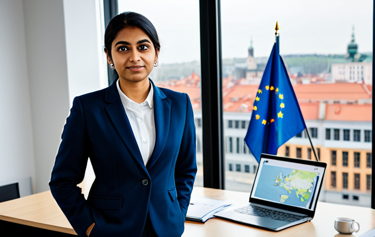 A confident professional individual of South Asian descent, dressed in a modest business suit, standing in a bright, modern office. Through the large window, a blurred European cityscape is visible. On a sleek desk beside them, a subtly glowing laptop displays a map of Europe with the EU flag prominently, and a Polish flag is discreetly placed in the background. The person has a hopeful and determined expression, looking towards the future. Professional photography, high resolution, soft studio lighting, crisp focus, perfect anatomy, correct proportions, natural pose, well-formed hands, proper finger count, natural body proportions, safe for work, appropriate content, fully clothed, professional dress.
