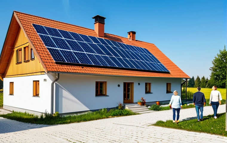 Solar Energy in Rural Poland**
"A sunny countryside scene in Poland, featuring a modern farmhouse with solar panels on the roof, fully clothed family members smiling in the foreground, clear blue sky, appropriate content, safe for work, perfect anatomy, natural proportions, professional photography, high quality, modest attire, family-friendly"
**
