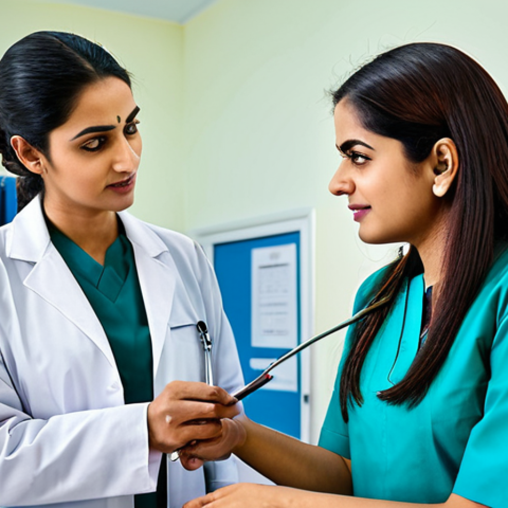 폴란드에서 장기 거주 준비 - "A professional female doctor in a fully clothed, modest shalwar kameez, attending to a patient in a...