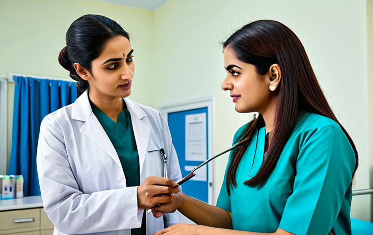 폴란드에서 장기 거주 준비 - "A professional female doctor in a fully clothed, modest shalwar kameez, attending to a patient in a...