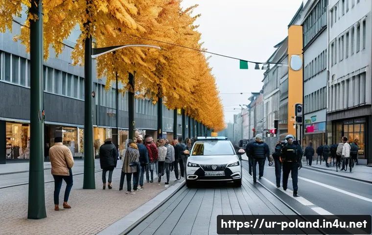 폴란드 범죄율 현황 - A bustling urban street scene in Warsaw, Poland, depicting a diverse group of people in casual cloth...