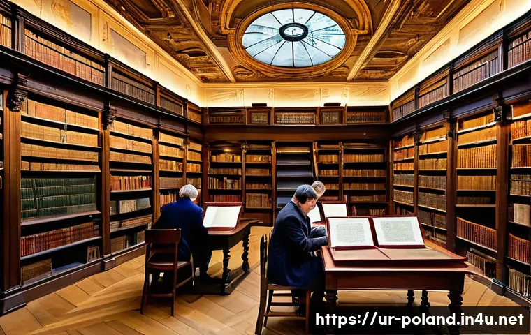 폴란드의 대표적인 도서관 - A grand historic library interior in Warsaw, Poland, showcasing ancient manuscripts and rare books d...