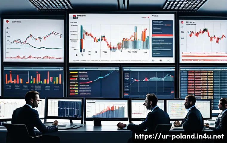 폴란드 환율 변동성 - A detailed illustration of a busy Polish currency exchange office in Warsaw during a financial crisi...