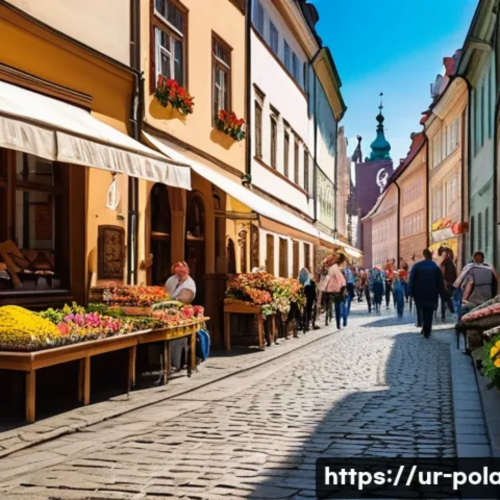 폴란드의 관광 산업 성장 - A vibrant street scene in the historic old town of Kraków, Poland, featuring well-preserved medieval...