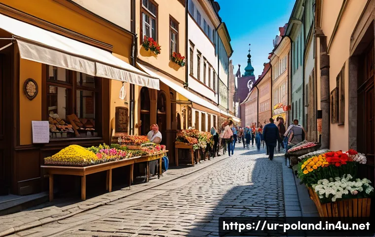 폴란드의 관광 산업 성장 - A vibrant street scene in the historic old town of Kraków, Poland, featuring well-preserved medieval...