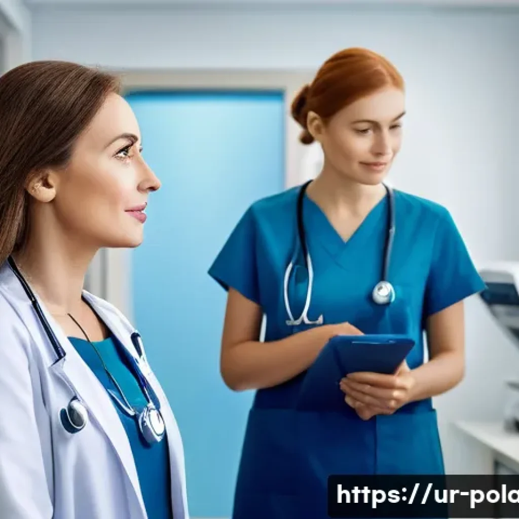 폴란드 의료 시스템 - A modern Polish hospital interior featuring a diverse group of healthcare professionals including do...