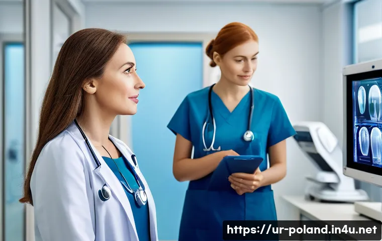 폴란드 의료 시스템 - A modern Polish hospital interior featuring a diverse group of healthcare professionals including do...