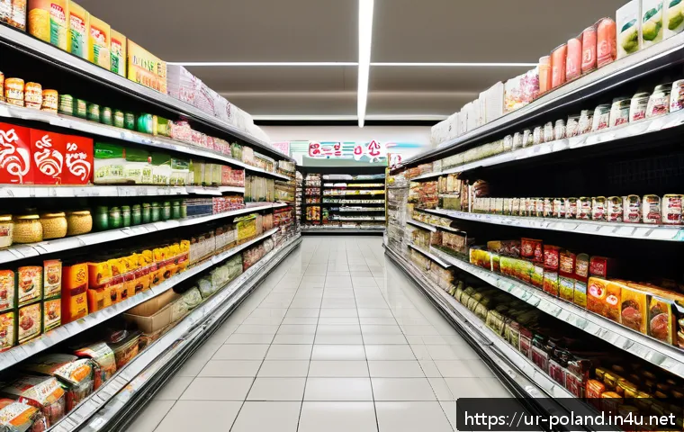 폴란드에서 한국 물품 구하는 법 - A vibrant, modern Asian supermarket aisle in Warsaw, Poland, filled with neatly arranged Korean food...