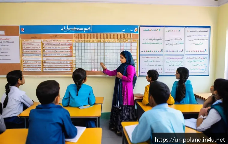 폴란드어 문법 구조 - A detailed classroom scene showing a diverse group of Urdu-speaking students attentively learning Po...