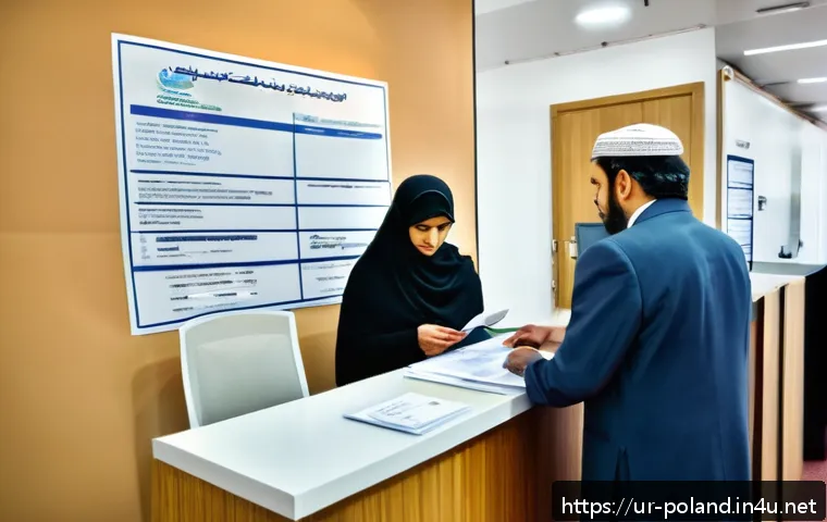 폴란드 거주 비자 신청 - A detailed scene inside a Polish visa application center showing a Pakistani family submitting their...