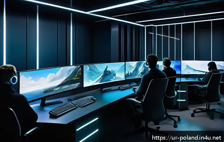 폴란드 게임 산업 - A detailed digital artwork of a Polish game development studio’s creative team collaborating intense...