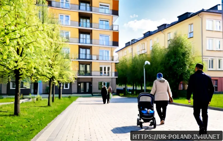Home 17 폴란드 주거 환경 - Photorealistic wide-angle view of a modern Polish residential neighborhood in Warsaw, clean mid-rise...