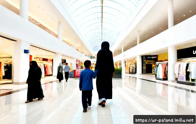 Home 17 폴란드 쇼핑몰 추천 - Photorealistic wide interior of a modern Polish shopping mall, a Pakistani Urdu-speaking family in m...