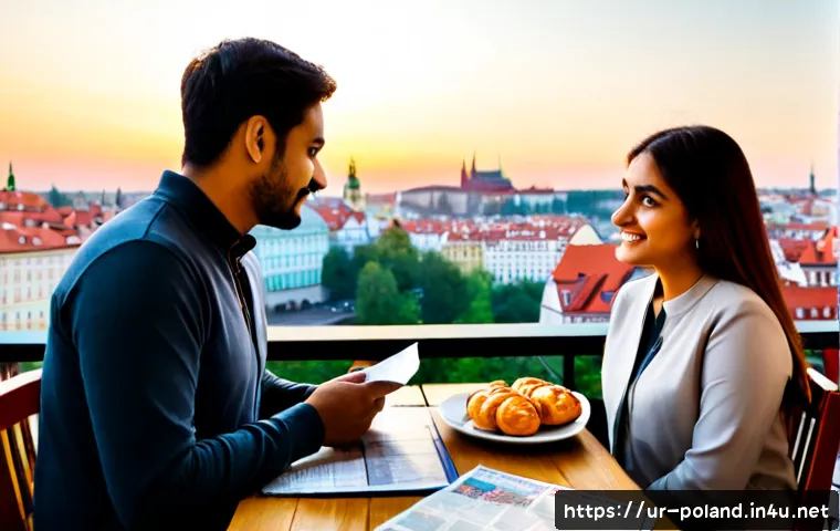 Home 17 폴란드와 체코 여행 비교 - Photorealistic split-scene travel comparison, a modest Pakistani Urdu-speaking couple in contemporar...