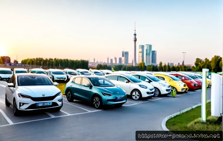 Home 17 폴란드 전기차 시장 - Photorealistic wide-angle view of a modern electric vehicle charging hub in Warsaw, Poland, several ...